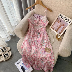 Voguable Women Sexy Backless V-Neck Floral Print Suspender Dresses 2023 Summer High Waist Chiffon Hotsweet Beach Ruffles Dress voguable