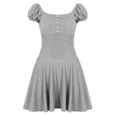 Voguable American Y2k Elegant Temperament Square Collar Puff Sleeve Slim Waist High Waist Summer Dresses voguable