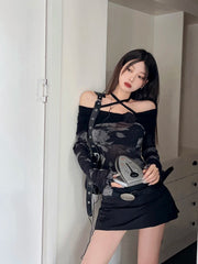 Voguable Harajuku Retro Tie Dye Mesh Tops Flare Sleeve Lace Up T Shirt Women Y2k Vintage Crop Tops Streetwear Japanese 2000s E Girls Top voguable