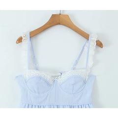 Women Lace Spliced Blue Striped Sling Short Dress Sexy Backless Bandage High Waist A-line Casual Summer Dresses voguable