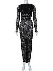 Lace Backless Sexy Maxi Dress For Women Gown Fashion Solid O Neck Long Sleeve Ruched Bodycon Club Long Dress Vestido voguable