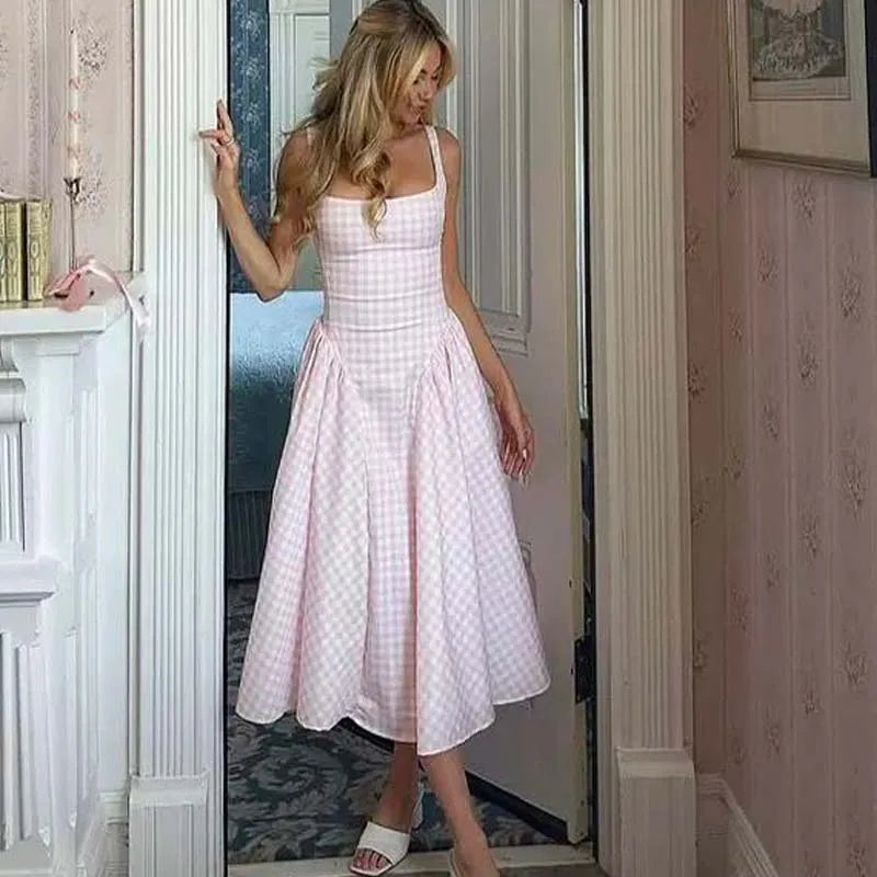 Lace Up Bandage Plaid Sling Dress Women Elegant Square Neck Low Waist A-line Midi Summer Dresses Holiday Party Robe 2025 voguable