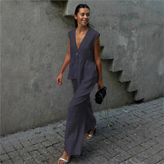 Fashion Women's Trouser Suits Sleeveless V-Neck Top Women Casual Straight Pants Sets Summer Women's Suit Commuter 2 Piece Set voguable