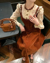Voguable Vintage Velvet Midi Dress Women Elegant Lace Patchwork Dresses Autumn Harajuku Korean Puff Long Sleeve Bodycon Design Vestidos voguable