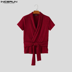 Men T Shirt Knitted Solid Color V Neck Short Sleeve Summer Male Tee Tops Streetwear 2025 Lace Up Fashion Men Clothing INCERUN voguable