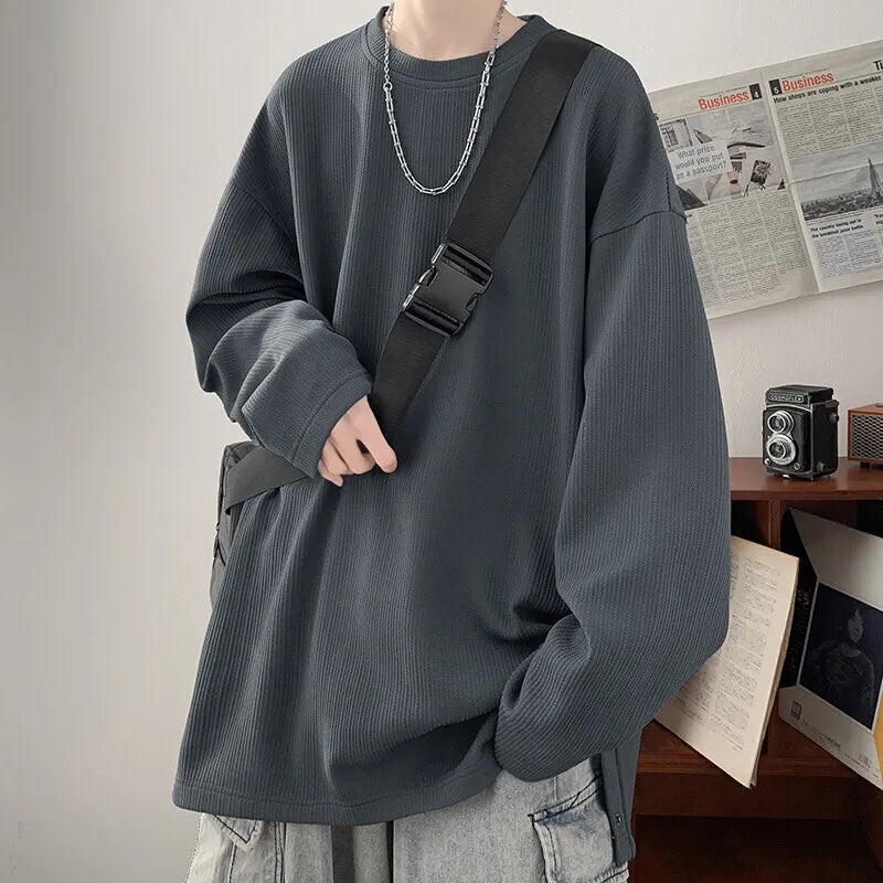 White Long Sleeved T-shirt Men Oversized Casual Round Neck T Shirt Men Streetwear Korean Loose Pleated T Shirt Mens Top M-3XL voguable