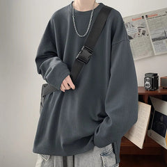 White Long Sleeved T-shirt Men Oversized Casual Round Neck T Shirt Men Streetwear Korean Loose Pleated T Shirt Mens Top M-3XL voguable