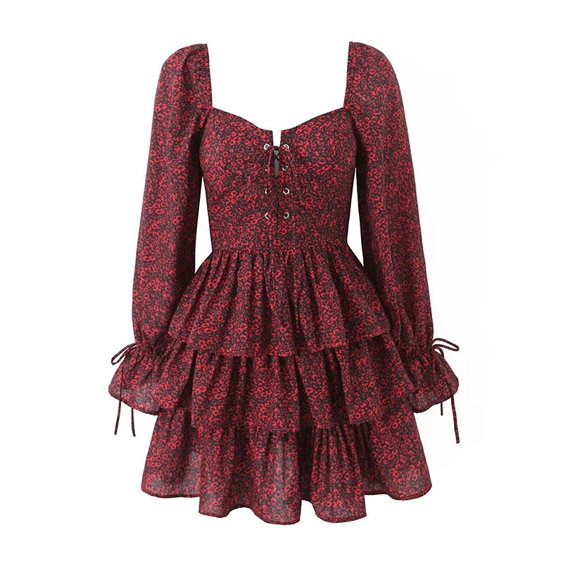 Voguable 2024 Women Front Lacing Up Wine Red Floral Print Dress Vintage Puff Sleeve Layered Ruffle Hem Cake Mini Dress Holiday voguable