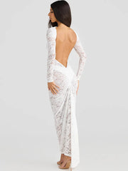 Lace Backless Sexy Maxi Dress For Women Gown Fashion Solid O Neck Long Sleeve Ruched Bodycon Club Long Dress Vestido voguable