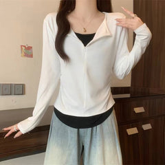 Long Sleeve T Shirt Women Fashion Fake Two Pieces Patchwork Basic Slim Zipper Slimming Bottoming Shirt Retro Red Casual T-shirt voguable