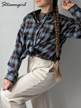 Plaid Oversized Shirts For Women Office Autumn Winter Loose Buttoned Shirt Pocket Long Sleeve Shirts Oversized Vintage Blouses voguable