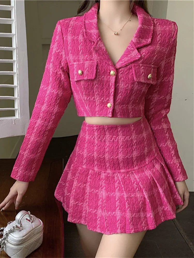 Voguable Matching Set Rose Pink Plaid Women Cropped Tweed Blazer High Waist Pleaste Mini Skirts Suits Ladies Fashion 2 Piece Sets voguable