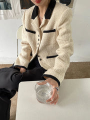 Voguable Office Lady Chic Elegant Tweed Jacket French Sweet Long Sleeve Coat Women Fashion Turn Down Collar Fall Winter New Tops voguable