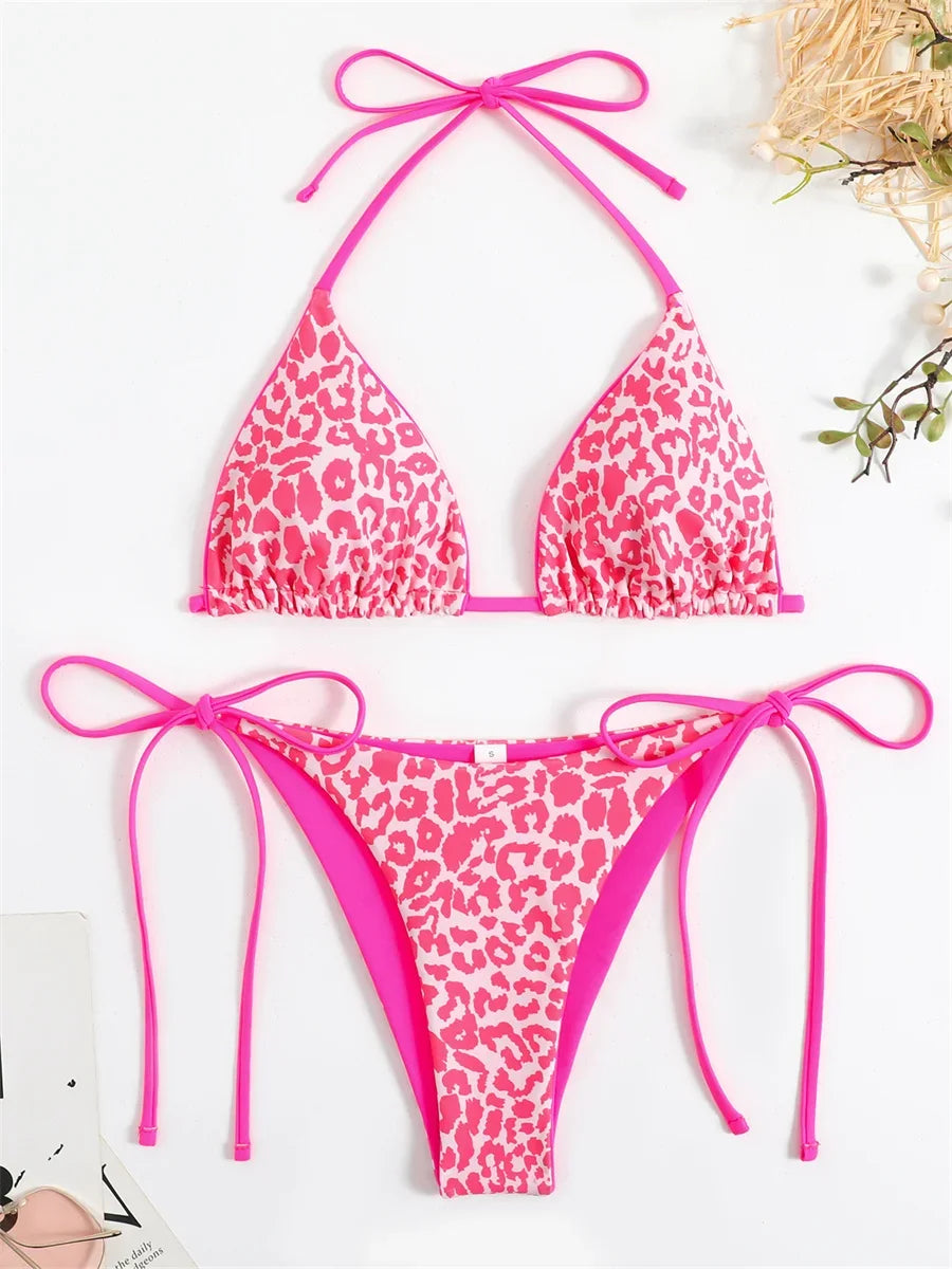 Voguable Sexy Micro Bikini 2024 Women Pink Leopard Print Neon Double Side Push Up Swimsuit Brazilian Beach Bathing Suit Thong Swimwear voguable