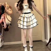 Voguable French Polka Dot Bow Women Dress Sweet Fresh Floral Square Collar Casual Kawaii White Cake Dress Elegant Daily Cute Mini Dress voguable
