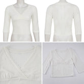 Voguable Women Knit Lace Hem Patchwork Top Cross V Neck Slim Mid Sleeve Elegant Sexy Chic Casual Streetwear Tee Date Outfit voguable