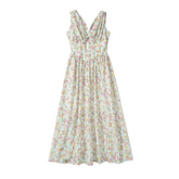 New Women Bow V Neck Floral Print Tank Summer Dress Sexy Sleeveless High Waist Elegant Holiday Party Dresses Midi Robe voguable