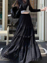 Elegant Lace Splicing Midi Skirt for Women Y2K Summer High Waist Chic Hollow Out A Line Skirts Korean Solid All-Match Long Skirt voguable