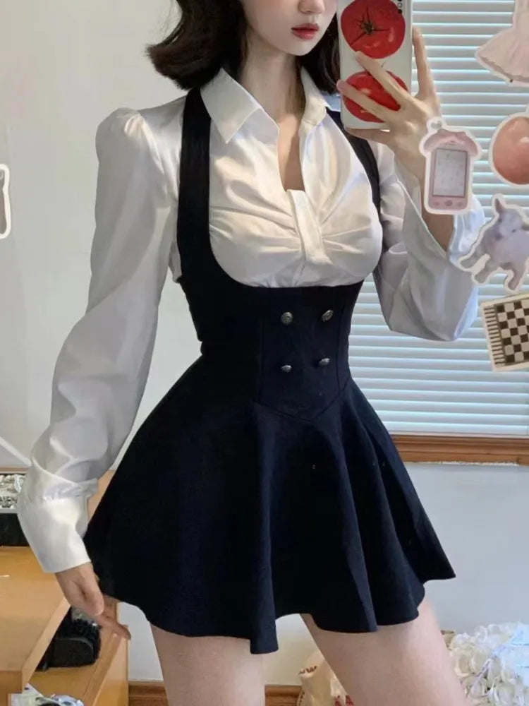 Voguable Y2K 3 Piece Set Women Cropped Coat + Long Sleeve Shirt + High Waist Halter Ruffles Mini Dress Korean Chic Fashion Sexy Outfits voguable