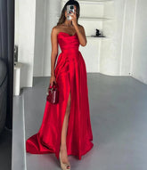 Red A Line Evening Dresses Sexy Side Prom Dress Customized Long Celebrity Formal Occasion Party Gowns Gala Dress voguable