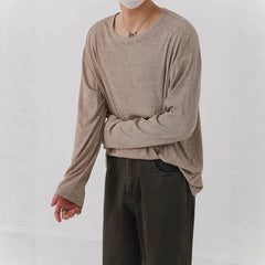 Korean Fashion Men T-shirt Luxury Knitted Solid Color Scoop Neck Long Sleeve Tees Casual Premium Quality Textured Knitwear M-3XL voguable