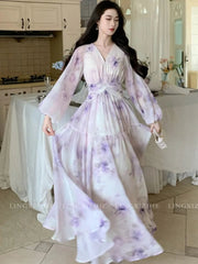Elegant Print Purple Long Korean Prom Dresses For Women Summer Sea Beach Holiday Slim Waist V-Neck Fashion New Dress Basics voguable