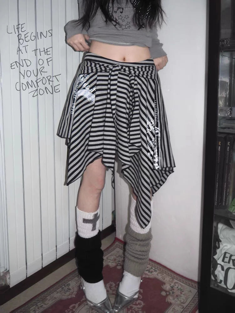 Japanese Style Harajuku Striped Skirt Women Vintage Gothic Y2k Grunge Mini Skirt Punk Irregular Streetwear Short Skirts voguable