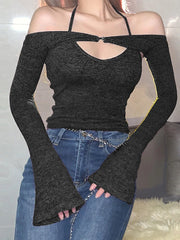 Y2K Top Women Long Sleeve T-Shirts 2 Piece Tops Halter Tanks Backless Crop Top Off Shoulder Tees Sexy Christmas Clothes voguable