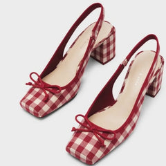 Women Chunky Heeled Sandals Retro Square Toe Mary Janes Pumps Shoes Slingbacks Spring Summer High Heels Baotou Plaid Shoes voguable