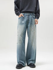 Men's Fashion Paint Spots Baggy Straight Jeans Vintage Ice Blue Denim Pants High Street Hip Hop Trousers Mens Designer Clothes voguable