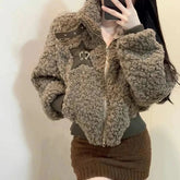 Voguable Winter Lamb Wool Vintage Jacket Women Stand Collar Lazy Wind Casual Zipper Coats Long Sleeve 3D Decoration Loose Cropped Jackets voguable