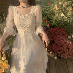 Voguable Spring Summer New French Style Women Dress 3/4 Sleeve Fairy Casual Long Dress Square Collar Patchwork Lace Party Dress voguable