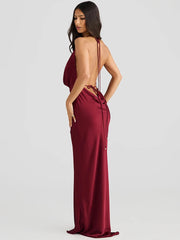 Satin Halter Backless Sexy Maxi Dress Women Gown Elegant Solid Sleeveless Lace-up High Waist Evening Club Long Dress voguable