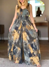 Voguable New oil painting printed V-neck elastic high waisted backless workwear for summer , casual waist cinching wide leg jumpsuit voguable