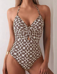 Voguable Printed Swimsuit One Piece Halter Hollow Sexy Swimwear Women Bathers Bathing Swimming Swim Suit Padded Beachwear Summer voguable