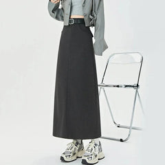 Autumn Faux Fur Belt Midi Skirts Women Y2K High Waist Rear Slit A-Line Skirt Winter Thick Elegant Office Lady Woolen Skirts New voguable