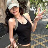 Voguable Retro Hotsweet Halter Patchwork Women Vest Contrast Color U Neck Slim Crop Tops Sexy Sleeveless Backless Short Tank Top New voguable