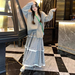 Kawaii Harajuku Plaid Skirt Women Preppy Style Sweet Long Skirts Retro Lace Patchwork A-line Ruffle Skirts Streetwear voguable