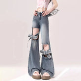 Voguable High Street Hollow Strap Bow Jeans Women's Spring Summer New High Waist Slimming Spice Girls Denim Wide Leg Horn Pants voguable