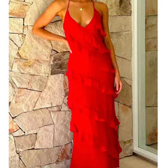 YENKYE Sexy Backless Halter Red Sling Ruffle Dress Women Summer A-line Elegant Long Dresses Holiday Party Maxi Vestidos voguable
