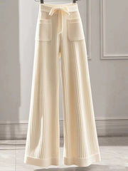 Elegant Sweet Knitted Pants Women Loose Fashion Pockets High Waist Trousers Casual Lady Fall Winter Lace Up Chic Wide Leg Pant voguable