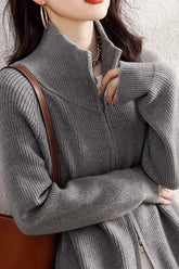 Women's Zip Up Sweater Cardigan Cozy Knit Stand Collar Zipper Front Plain Sweater Jacket Female Korean Chic Fall Winter Outfit voguable