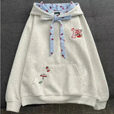 Voguable Kawaii Cartoon Embroidery Hoodies Women Plaid Patchwork Bandage Bow Hooded Sweatshirts Autumn Winter Loose Casual Lazy Wind Tops voguable
