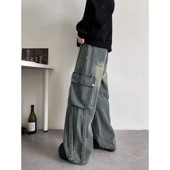 Baggy Casual Denim cargo Pant man Mopping Trousers Yellow Mud Ribbons Multi-pockets Drawstring Jeans for Men Harajuku Streetwear