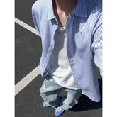 Summer Short Sleeved Shirt Men Black Blue Casual Shirt Men Streetwear Korean Loose Striped Shirt Mens Formal Dress Shirts voguable