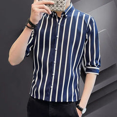 Voguable Summer Men's Striped Seven Quarter Sleeve Shirt Youth Fashion Korean Version Slim Fit Five Quarter Sleeve Shirt voguable
