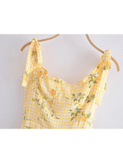 Voguable Women Plaid Lemon Print Yellow Sling Short Dress Vintage Ladies Summer A-line Chiffon Dress French Style voguable