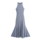 Sleeveless Party Fashion Long Dress Vestidos Solid Color Gray Blue O-neck Solid Color Fishtail Dress 2025 New Female Clothes voguable