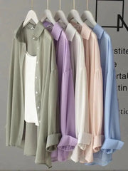 Voguable Chiffon Women Thin Shirts Summer Perspective Button Up Solid Korean Sun Shirt Long Sleeve Fashion Korean Ladies Tops New voguable