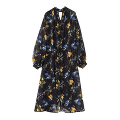 Floral Print Loose Midi Long Dresses Women Turtleneck Lantern Sleeve Boho Vestidos Spring Summer Lady Vacation Dress voguable